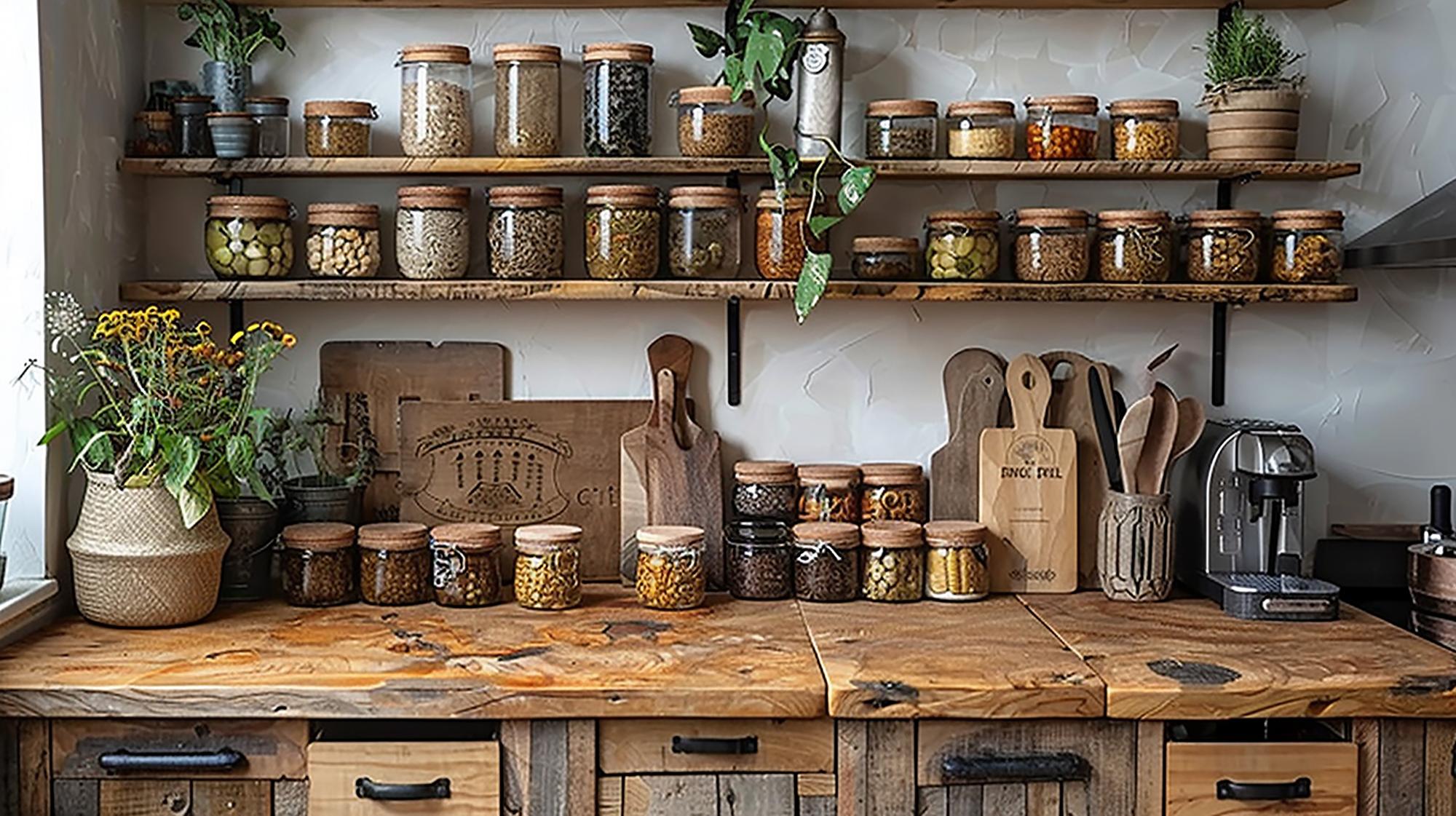 Kleine Manufakturküche mit Holzregalen